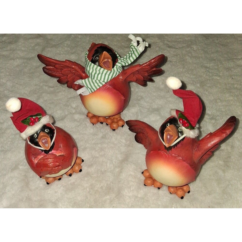 Vintage Set of 3 Christmas Cardinal Figurines with Santa Hats